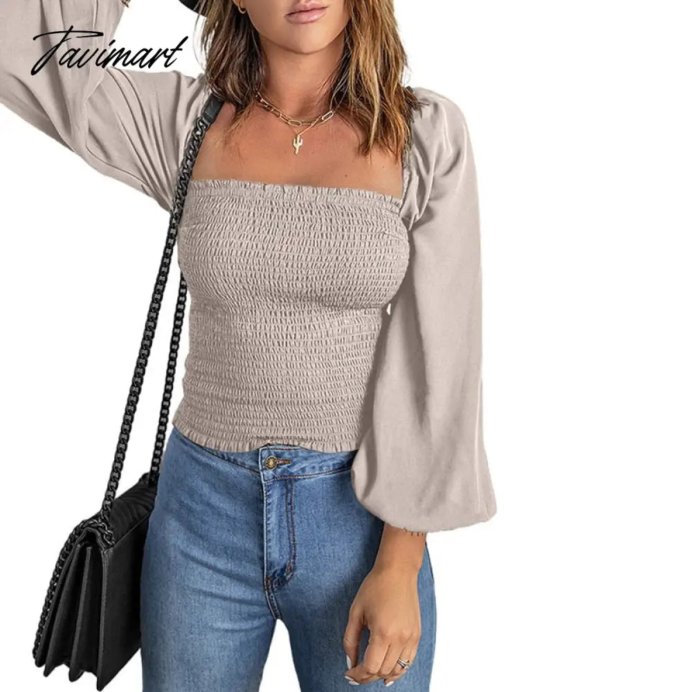 Sexy Solid Square Collar Loose Blouses Ladies Tops Spring/Autumn Lantern Sleeve Shirts Blusas Mujer Shirts Short A1816