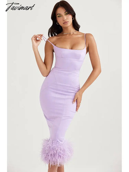 Sexy Spaghetti Strap Feathers Square Collar Bodycon Dress Summer Sleeveless Feathers Violet Satin Midi Dress Party Club Birthday