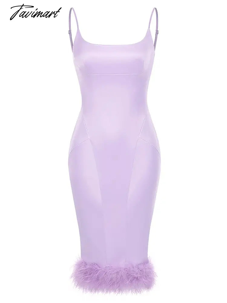 Sexy Spaghetti Strap Feathers Square Collar Bodycon Dress Summer Sleeveless Feathers Violet Satin Midi Dress Party Club Birthday