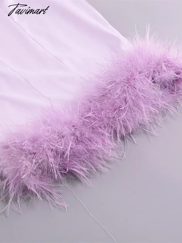 Sexy Spaghetti Strap Feathers Square Collar Bodycon Dress Summer Sleeveless Feathers Violet Satin Midi Dress Party Club Birthday