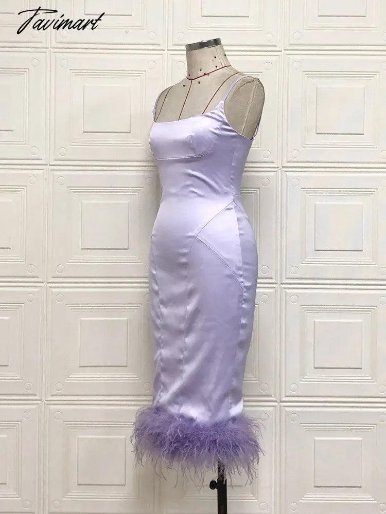 Sexy Spaghetti Strap Feathers Square Collar Bodycon Dress Summer Sleeveless Feathers Violet Satin Midi Dress Party Club Birthday