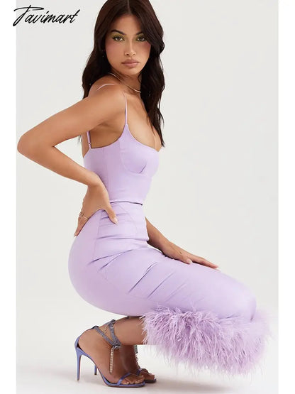 Sexy Spaghetti Strap Feathers Square Collar Bodycon Dress Summer Sleeveless Feathers Violet Satin Midi Dress Party Club Birthday