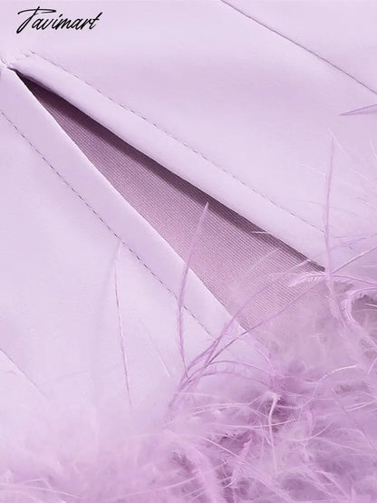 Sexy Spaghetti Strap Feathers Square Collar Bodycon Dress Summer Sleeveless Feathers Violet Satin Midi Dress Party Club Birthday