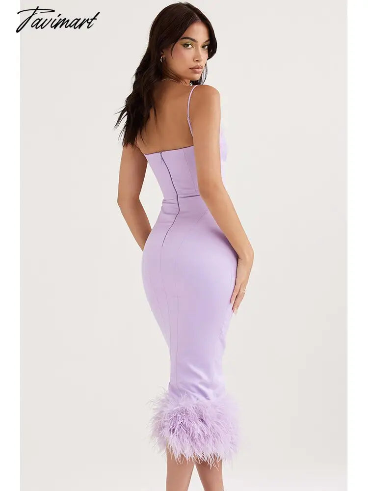 Sexy Spaghetti Strap Feathers Square Collar Bodycon Dress Summer Sleeveless Feathers Violet Satin Midi Dress Party Club Birthday