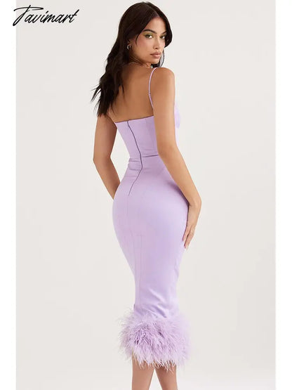 Sexy Spaghetti Strap Feathers Square Collar Bodycon Dress Summer Sleeveless Feathers Violet Satin Midi Dress Party Club Birthday