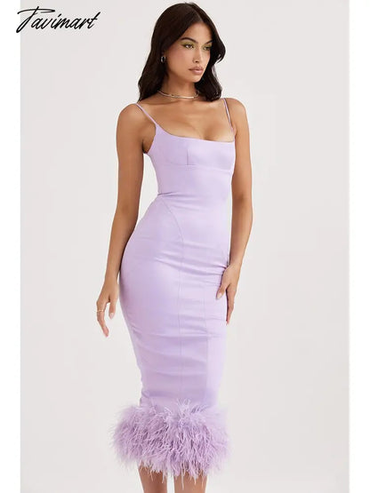 Sexy Spaghetti Strap Feathers Square Collar Bodycon Dress Summer Sleeveless Feathers Violet Satin Midi Dress Party Club Birthday