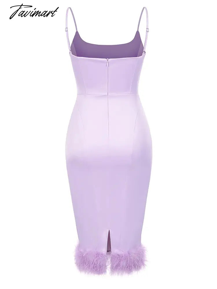 Sexy Spaghetti Strap Feathers Square Collar Bodycon Dress Summer Sleeveless Feathers Violet Satin Midi Dress Party Club Birthday