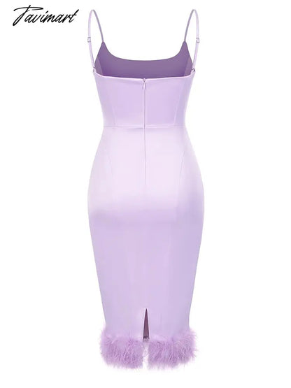 Sexy Spaghetti Strap Feathers Square Collar Bodycon Dress Summer Sleeveless Feathers Violet Satin Midi Dress Party Club Birthday