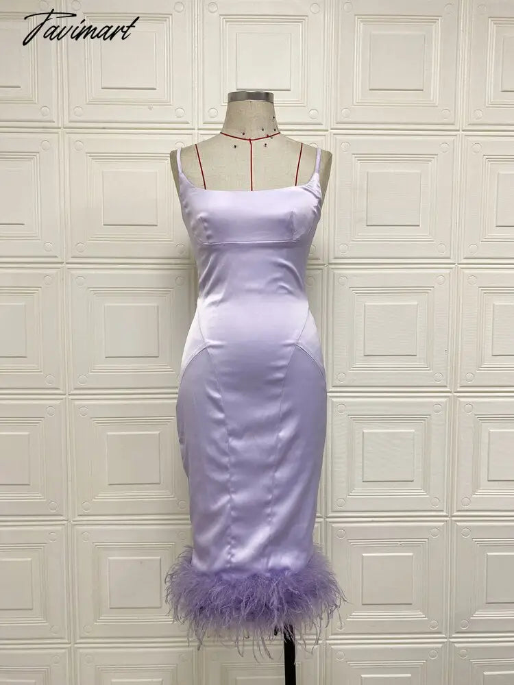 Sexy Spaghetti Strap Feathers Square Collar Bodycon Dress Summer Sleeveless Feathers Violet Satin Midi Dress Party Club Birthday