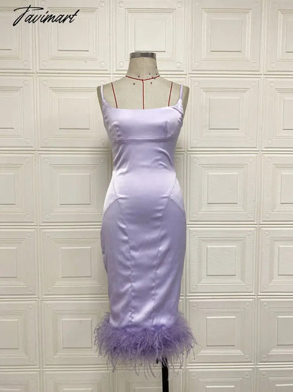 Sexy Spaghetti Strap Feathers Square Collar Bodycon Dress Summer Sleeveless Feathers Violet Satin Midi Dress Party Club Birthday
