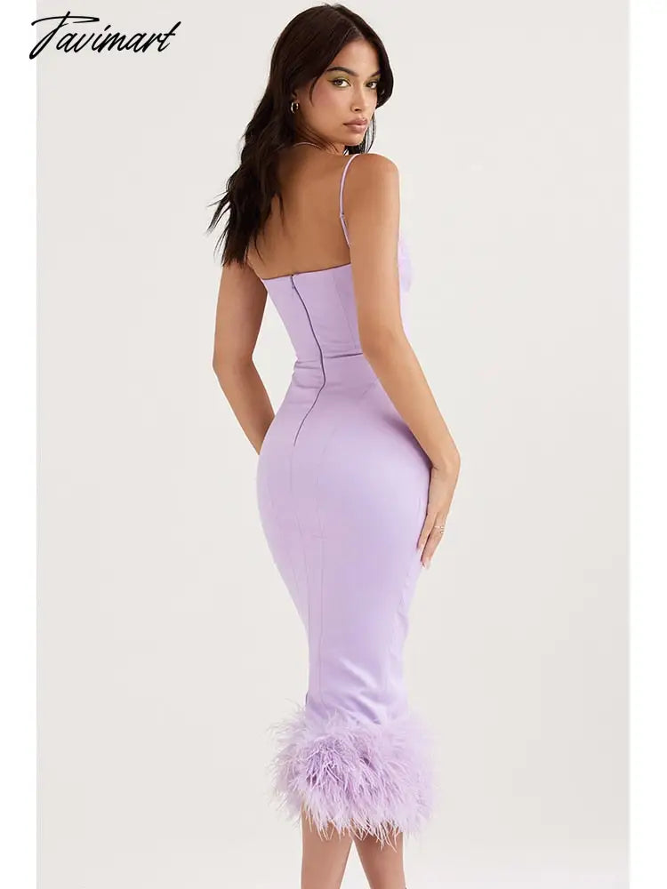 Sexy Spaghetti Strap Feathers Square Collar Bodycon Dress Summer Sleeveless Feathers Violet Satin Midi Dress Party Club Birthday
