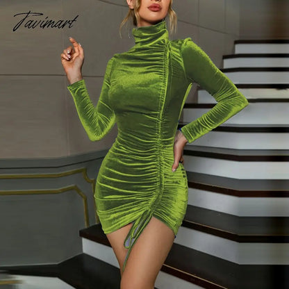 Sexy Turtleneck Draw String Bodycon Dress Autumn Suede Long Sleeve Folds Night Club Mini Party Dresses For Women