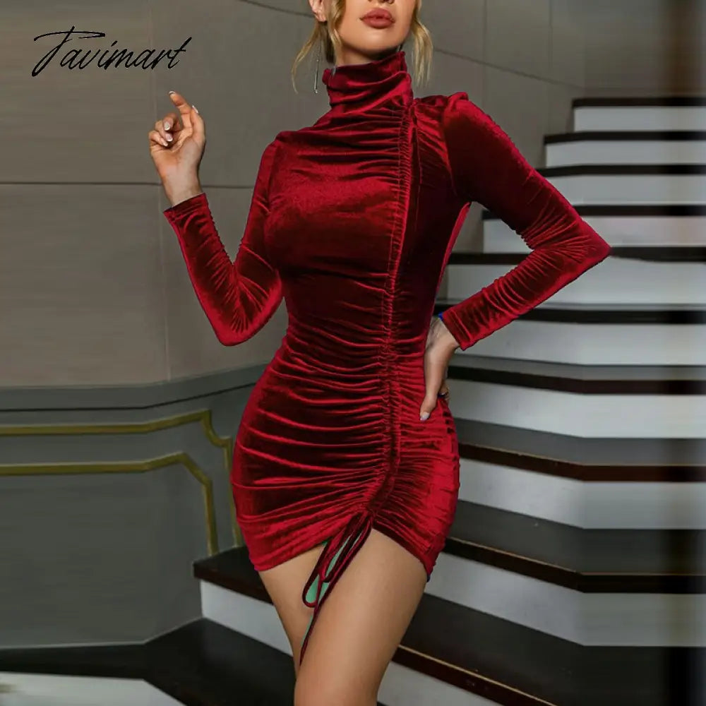 Sexy Turtleneck Draw String Bodycon Dress Autumn Suede Long Sleeve Folds Night Club Mini Party Dresses For Women
