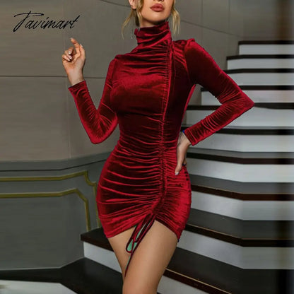 Sexy Turtleneck Draw String Bodycon Dress Autumn Suede Long Sleeve Folds Night Club Mini Party Dresses For Women