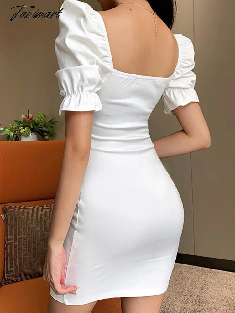 Sexy V Neck Belt Bodycon White Dress Summer Puff Sleeve Backless Fashion High Waist Solid Party Dresses For Women