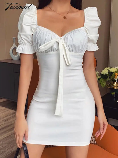 Sexy V Neck Belt Bodycon White Dress Summer Puff Sleeve Backless Fashion High Waist Solid Party Dresses For Women
