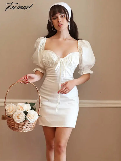 Sexy V Neck Belt Bodycon White Dress Summer Puff Sleeve Backless Fashion High Waist Solid Party Dresses For Women