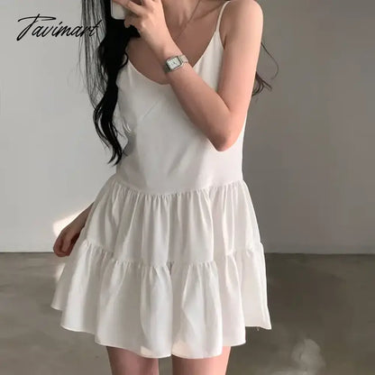 Sexy V-Neck White Halter Mini Dresses Women Summer Slim Sleeveless Short Party Doll Dresses 2 Colors
