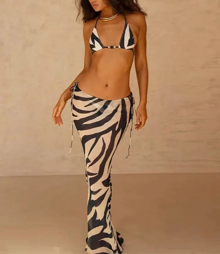 Sexy Zebra Stripes 3 Pieces Bikini Set Summer Beach Wear Triangle Bikinis Swimsuit Skirt Swimwear Cover-up A1554