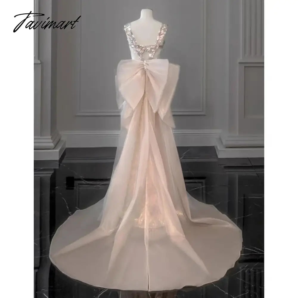 Shiny Pink Mermaid Evening Dresses Bowknot Sequined Beading Detachable Tailing Halter Collar Customize Luxury Prom Gowns