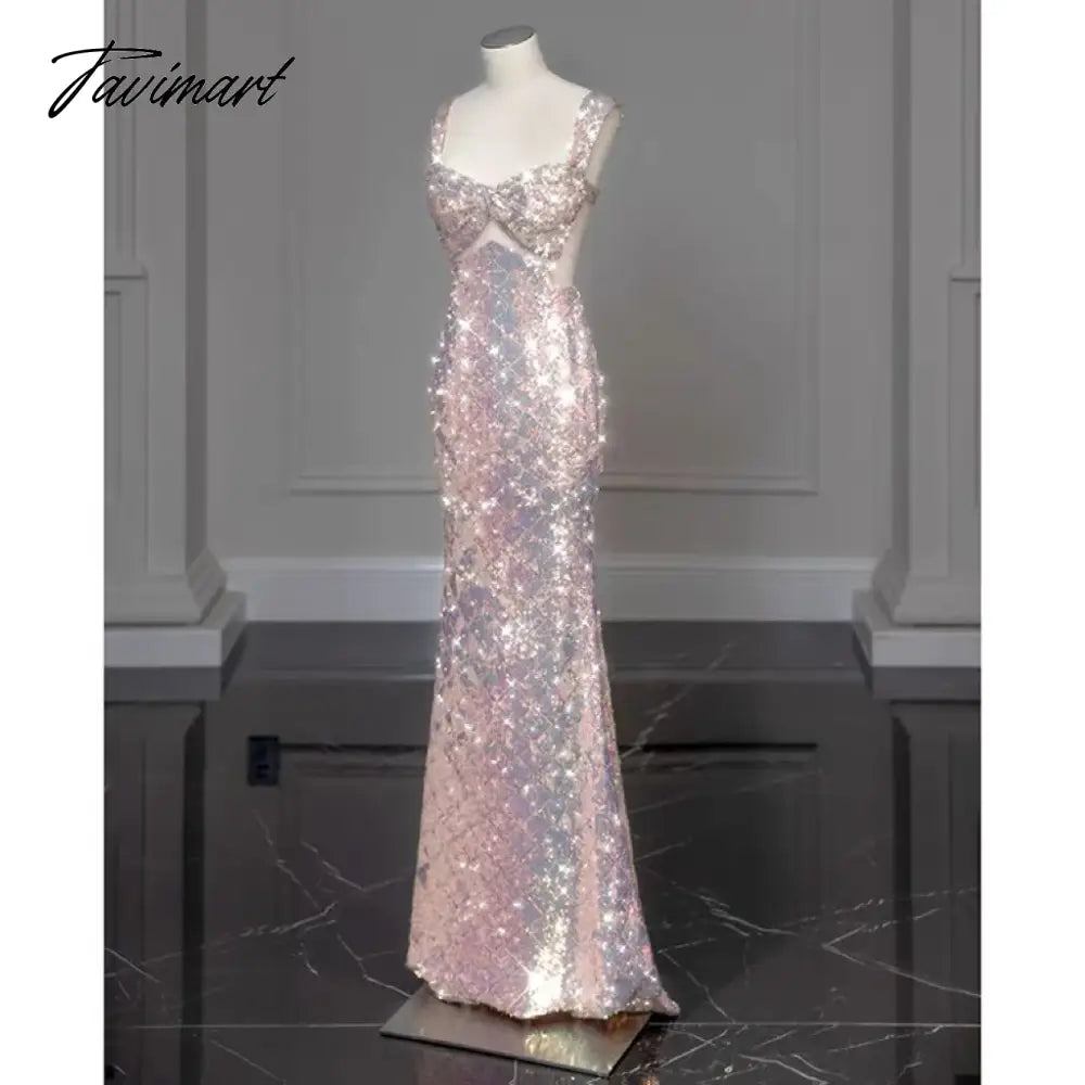 Shiny Pink Mermaid Evening Dresses Bowknot Sequined Beading Detachable Tailing Halter Collar Customize Luxury Prom Gowns