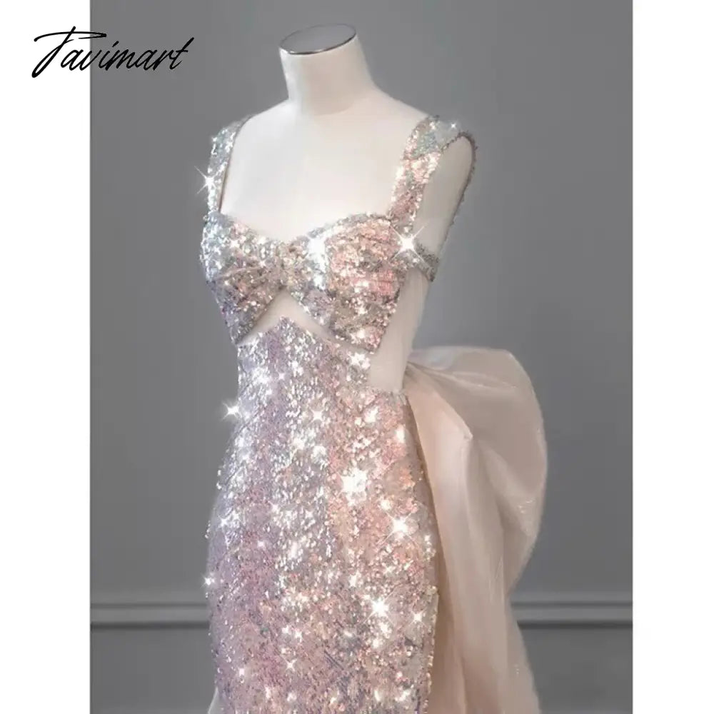Shiny Pink Mermaid Evening Dresses Bowknot Sequined Beading Detachable Tailing Halter Collar Customize Luxury Prom Gowns