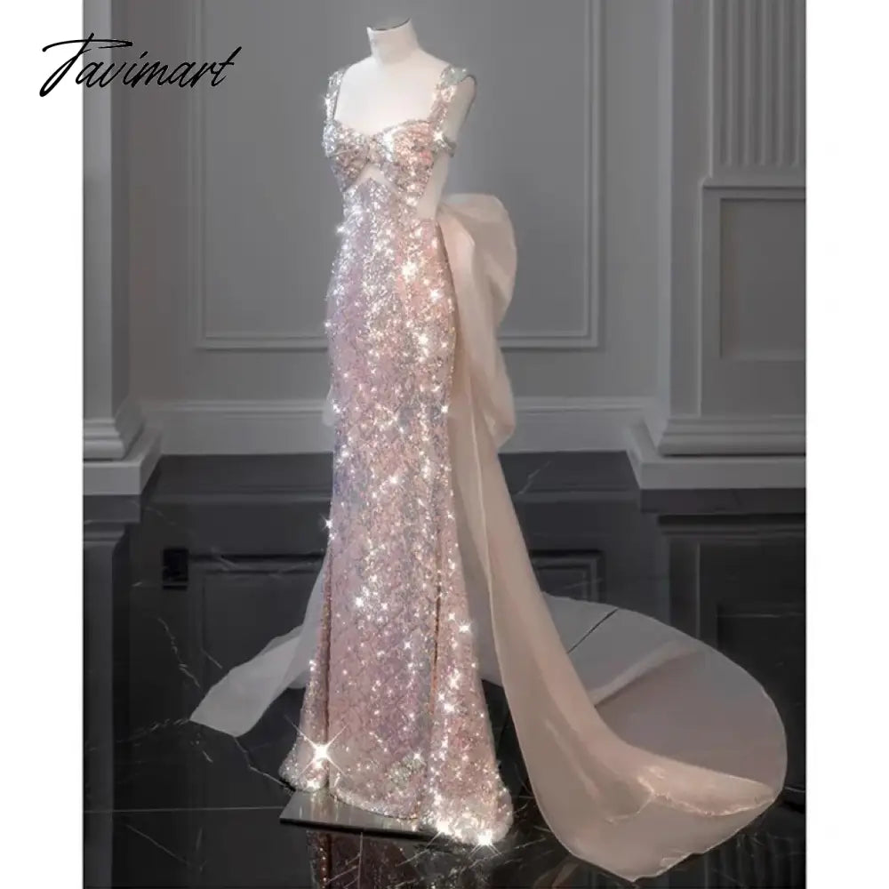Shiny Pink Mermaid Evening Dresses Bowknot Sequined Beading Detachable Tailing Halter Collar Customize Luxury Prom Gowns