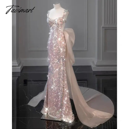 Shiny Pink Mermaid Evening Dresses Bowknot Sequined Beading Detachable Tailing Halter Collar Customize Luxury Prom Gowns