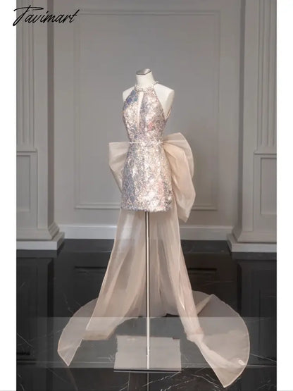 Shiny Pink Mermaid Evening Dresses Bowknot Sequined Beading Detachable Tailing Halter Collar Customize Luxury Prom Gowns