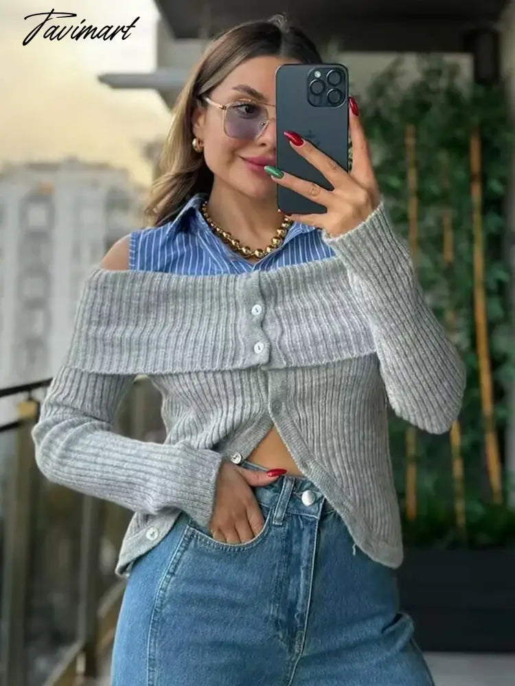 Shirt Patchwork Fake Two Pieces Knitted Sweaters Autumn Women Sexy Off Shoulder Lapel Long Sleeve Cardigan Fashion Chic Jumpers
