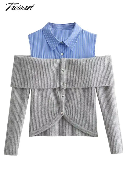 Shirt Patchwork Fake Two Pieces Knitted Sweaters Autumn Women Sexy Off Shoulder Lapel Long Sleeve Cardigan Fashion Chic Jumpers