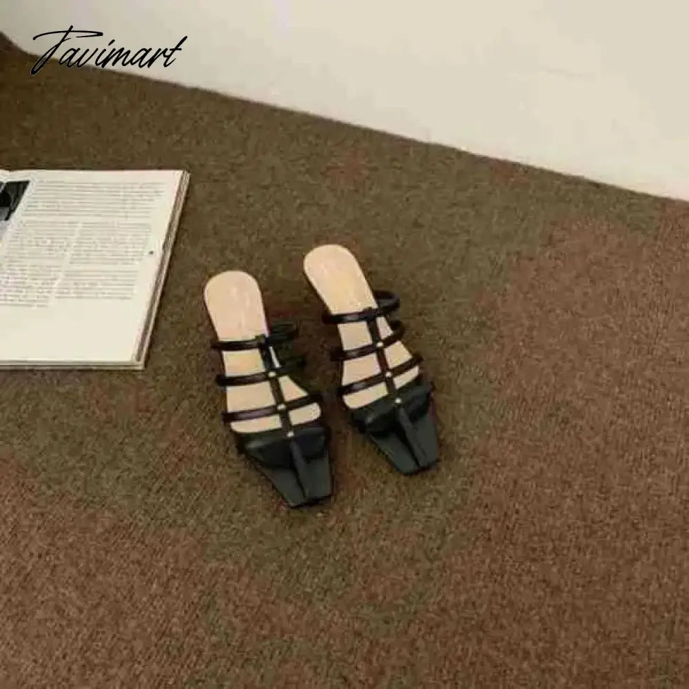 Shoes Woman's Slippers Square Toe Low Slides Thin Heels Med Cross-Tied Summer Rome Basic Rubber Fabric Scandals PU Hoof