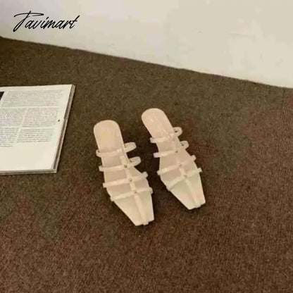 Shoes Woman's Slippers Square Toe Low Slides Thin Heels Med Cross-Tied Summer Rome Basic Rubber Fabric Scandals PU Hoof
