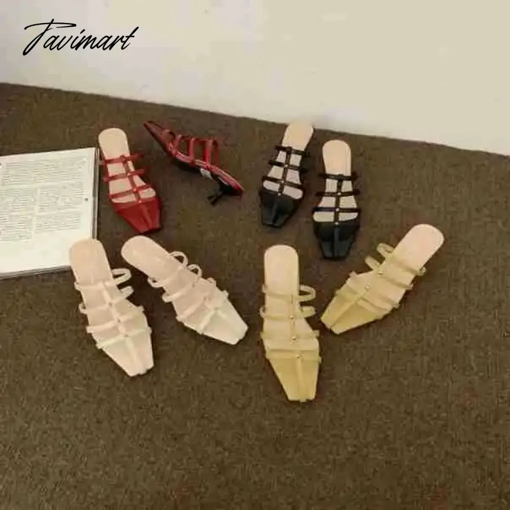 Shoes Woman's Slippers Square Toe Low Slides Thin Heels Med Cross-Tied Summer Rome Basic Rubber Fabric Scandals PU Hoof