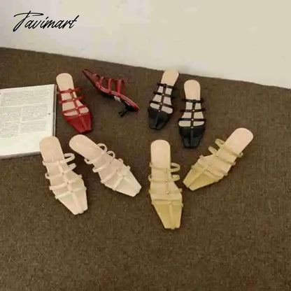 Shoes Woman's Slippers Square Toe Low Slides Thin Heels Med Cross-Tied Summer Rome Basic Rubber Fabric Scandals PU Hoof