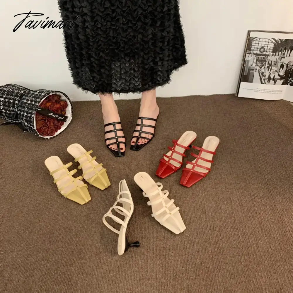Shoes Woman's Slippers Square Toe Low Slides Thin Heels Med Cross-Tied Summer Rome Basic Rubber Fabric Scandals PU Hoof