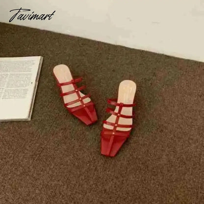 Shoes Woman's Slippers Square Toe Low Slides Thin Heels Med Cross-Tied Summer Rome Basic Rubber Fabric Scandals PU Hoof