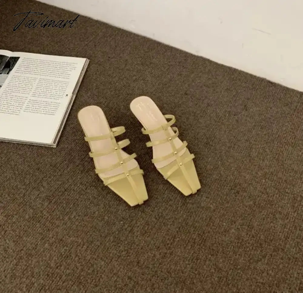 Shoes Woman's Slippers Square Toe Low Slides Thin Heels Med Cross-Tied Summer Rome Basic Rubber Fabric Scandals PU Hoof