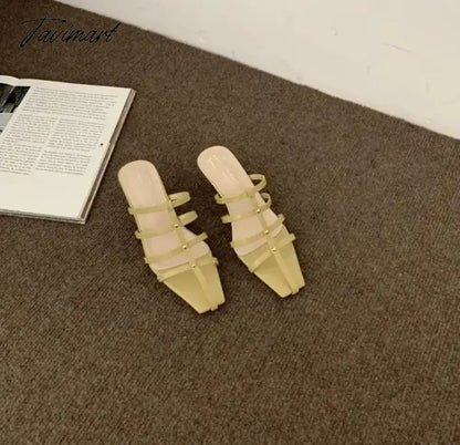 Shoes Woman's Slippers Square Toe Low Slides Thin Heels Med Cross-Tied Summer Rome Basic Rubber Fabric Scandals PU Hoof