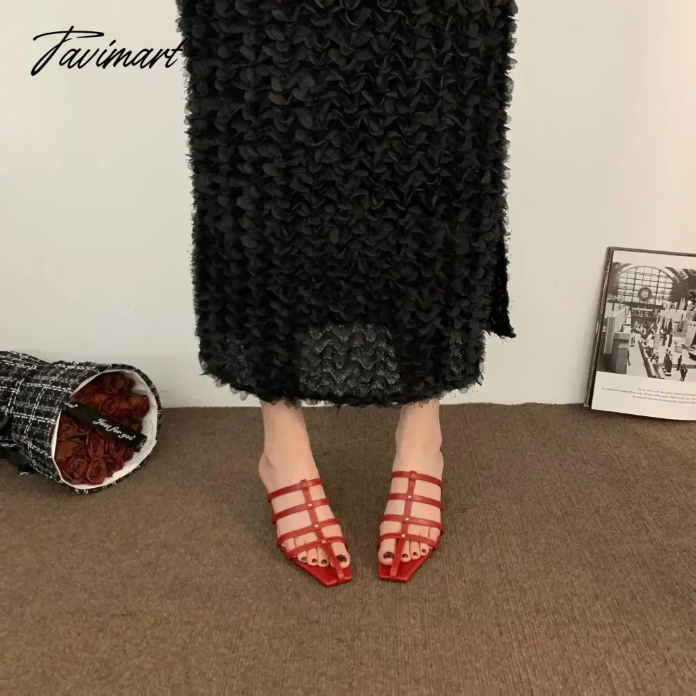 Shoes Woman's Slippers Square Toe Low Slides Thin Heels Med Cross-Tied Summer Rome Basic Rubber Fabric Scandals PU Hoof