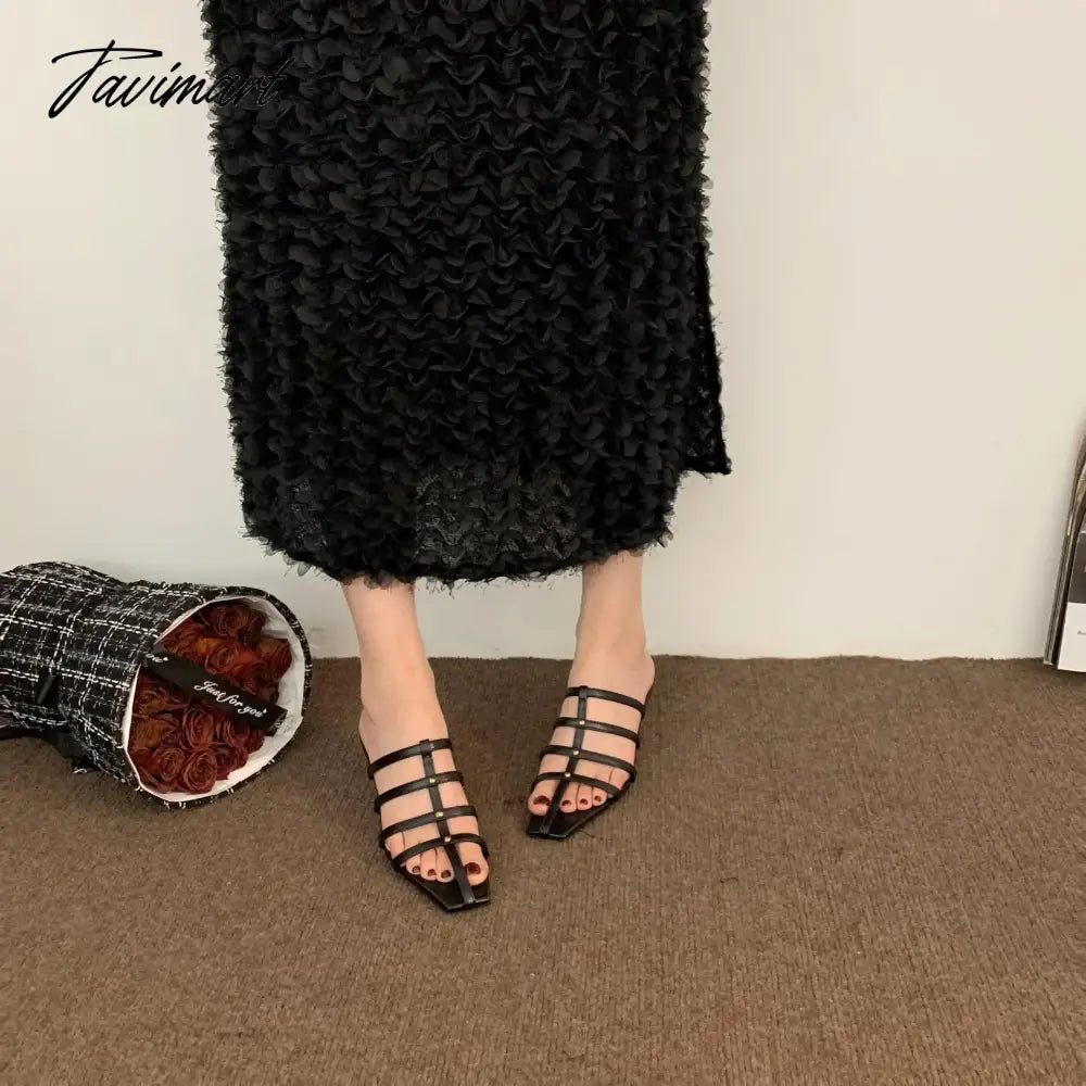 Shoes Woman's Slippers Square Toe Low Slides Thin Heels Med Cross-Tied Summer Rome Basic Rubber Fabric Scandals PU Hoof