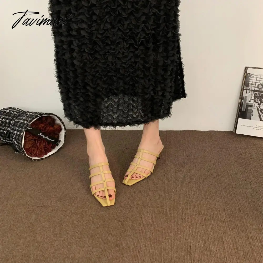 Shoes Woman's Slippers Square Toe Low Slides Thin Heels Med Cross-Tied Summer Rome Basic Rubber Fabric Scandals PU Hoof