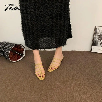 Shoes Woman's Slippers Square Toe Low Slides Thin Heels Med Cross-Tied Summer Rome Basic Rubber Fabric Scandals PU Hoof