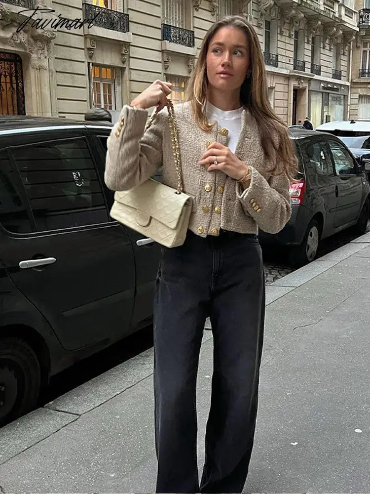 Short Solid Women's Jacket Autumn Winter New Single-Breasted O-neck Long Sleeve Coat Elegant Female Golden Buckle Tops