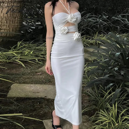 Shoulder Floral Bodycon Maxi Dress Elegant Backless Hollow Out Splicing Dresses Sexy Halter Gown Evening Vestidos