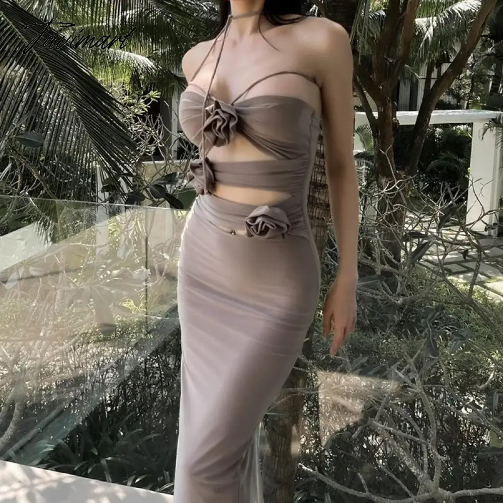 Shoulder Floral Bodycon Maxi Dress Elegant Backless Hollow Out Splicing Dresses Sexy Halter Gown Evening Vestidos