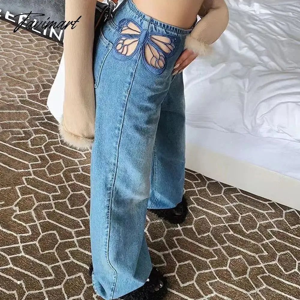 Side Butterfly Jeans Women Sexy Hollow Embroidery Long Pants Women's All Match Casual Denim Pant Female Summer