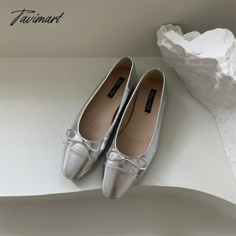 Silver Flats Ballet Shoes for Women Mary Janes Casual Shallow Slip on Pumps Sequare Toe Elegant Woman Heeled Shoes Loafers