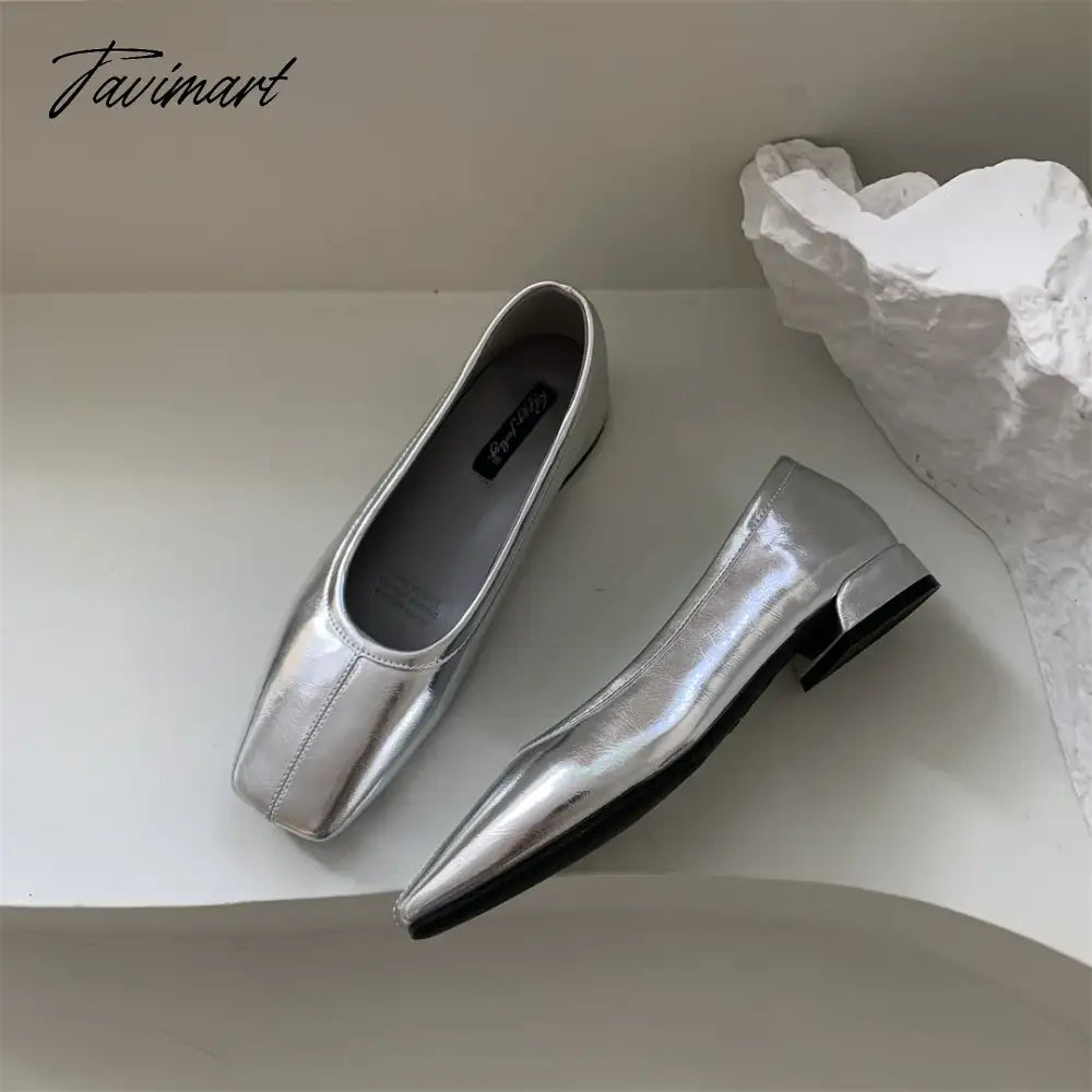 Silver Flats Ballet Shoes for Women Mary Janes Casual Shallow Slip on Pumps Sequare Toe Elegant Woman Heeled Shoes Loafers