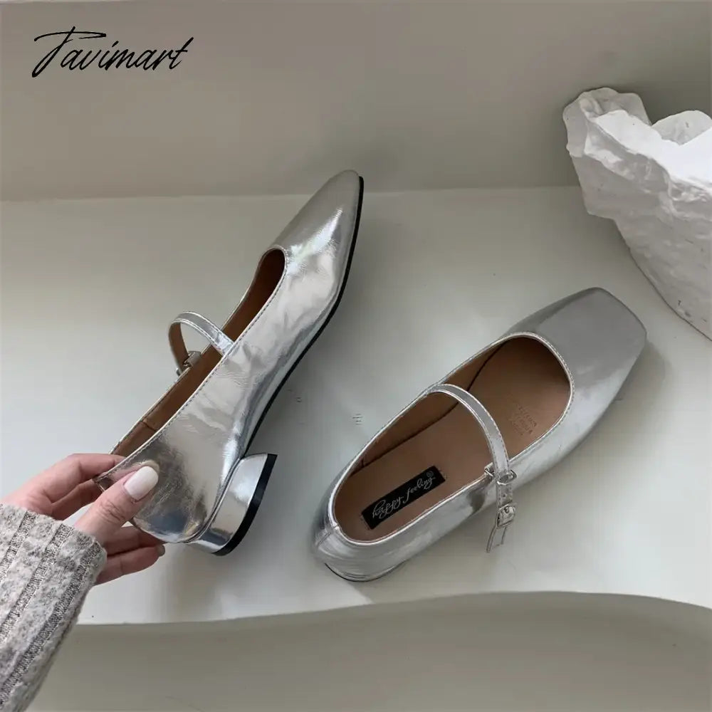Silver Flats Ballet Shoes for Women Mary Janes Casual Shallow Slip on Pumps Sequare Toe Elegant Woman Heeled Shoes Loafers
